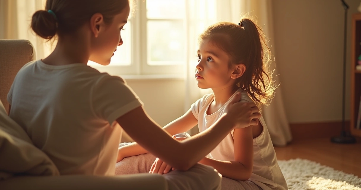 Adult gently comforting a younger version of themselves