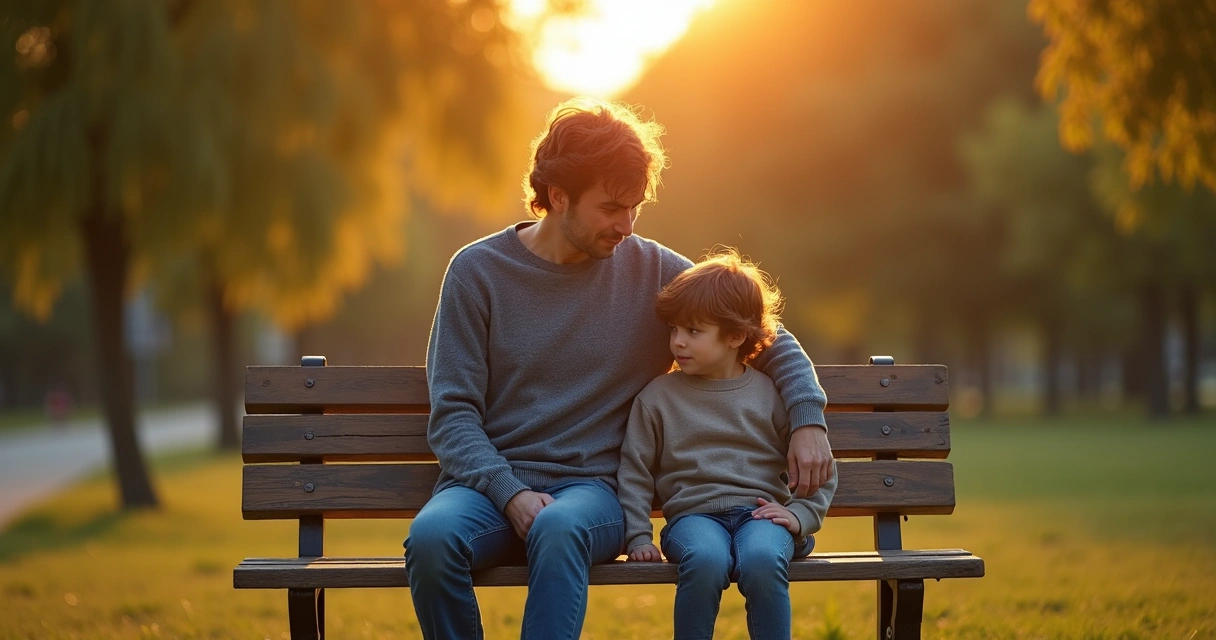Adult comforting younger self on park bench at sunset 
