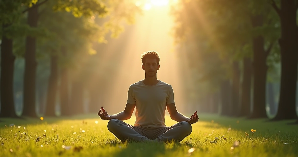 A person sitting peacefully in nature, with subtle light rays surrounding, conveying emotional self-awareness and balance