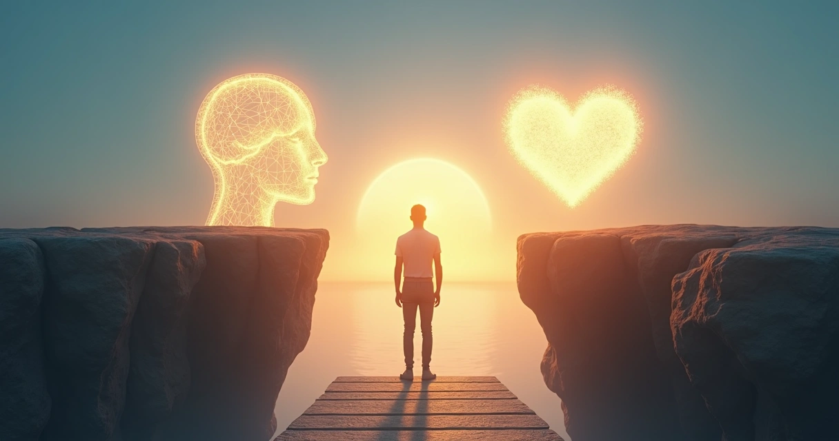 Adult standing on a bridge between mind and heart at sunrise 