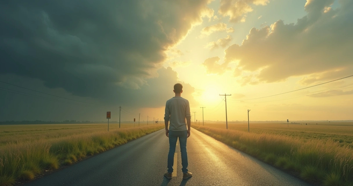 Adult standing at a fork in the road with emotional storm on one side and calm light on the other 