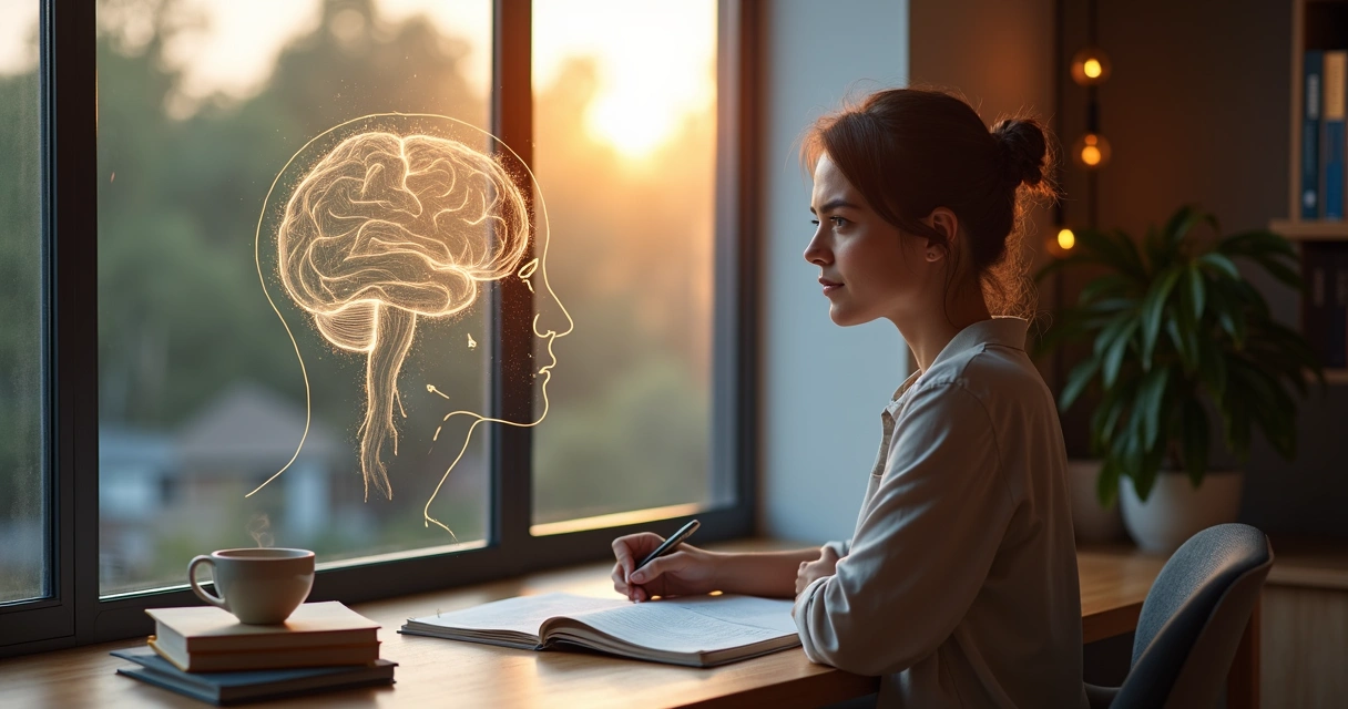 Adult learner reflecting at desk with evolving mind concepts drawn around 