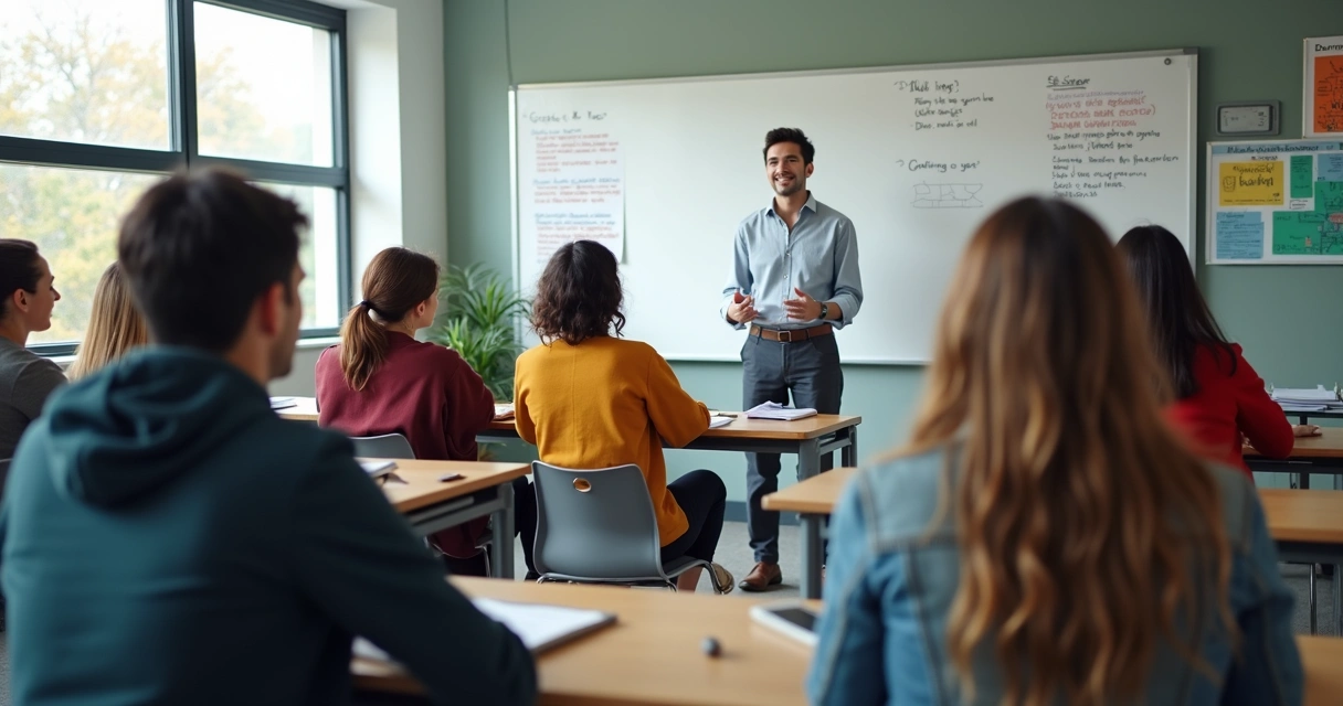 Bright classroom with adults sitting at desks and a teacher guiding them 