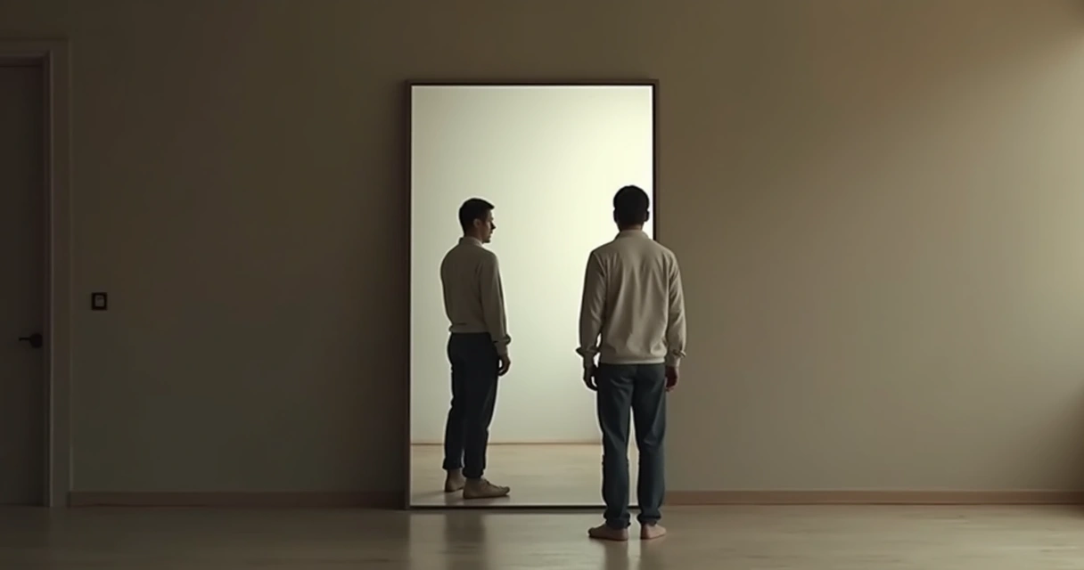 Adult looking at a mirror in soft light 