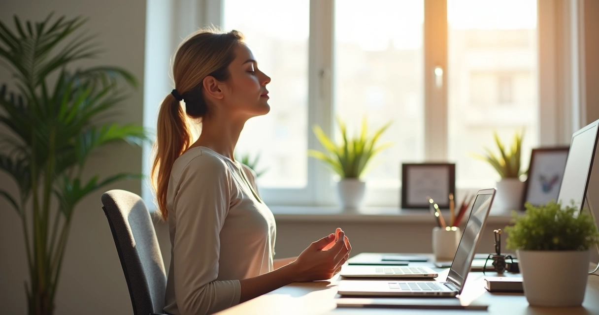 Adult practicing mindfulness at work desk 
