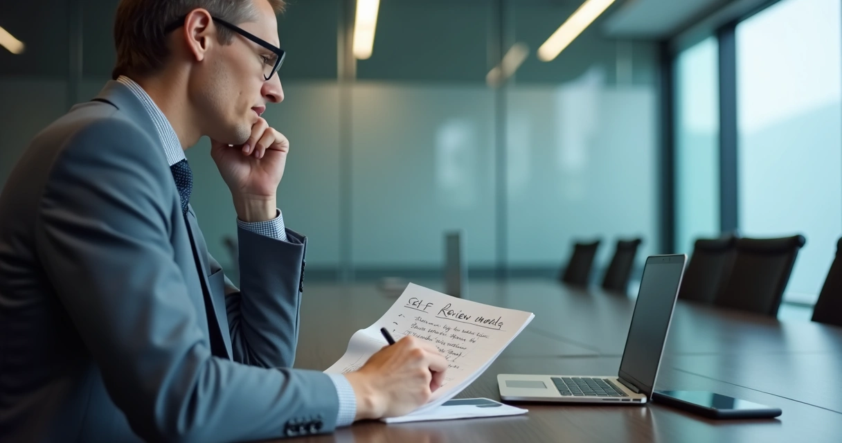 Professional reflecting on notes after a meeting in an office