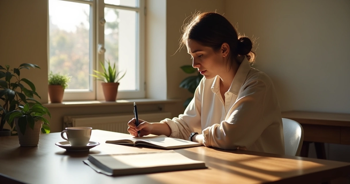 Adult writing in a journal beside a cup of tea
