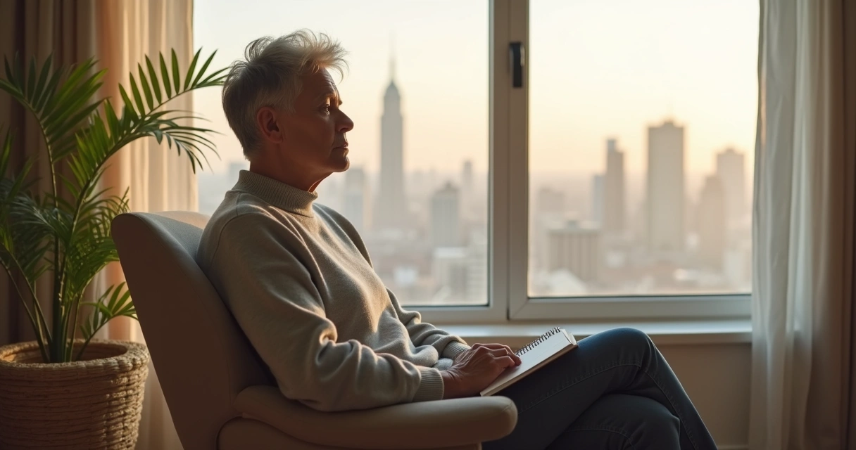 Adult sitting by a window in quiet reflection