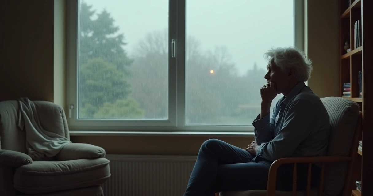 Adult looking at a rainy window in quiet reflection 