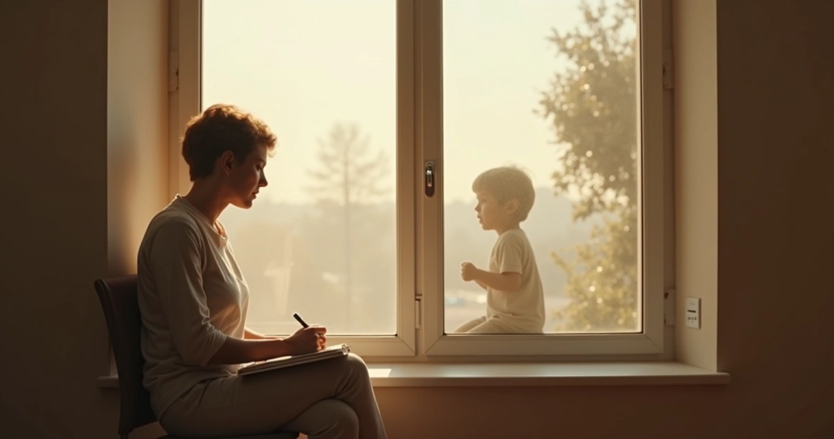 Adult reflecting by a window with child silhouette overlay 