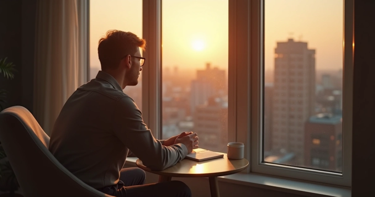 Adult looking at a window reflection indoors