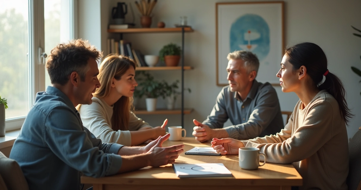 Diverse adults in deep conversation at a table symbolizing complex relationship dynamics 