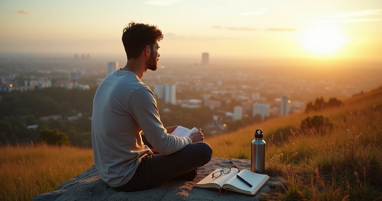 Adult sitting on a hill at sunrise reflecting with an open journal 
