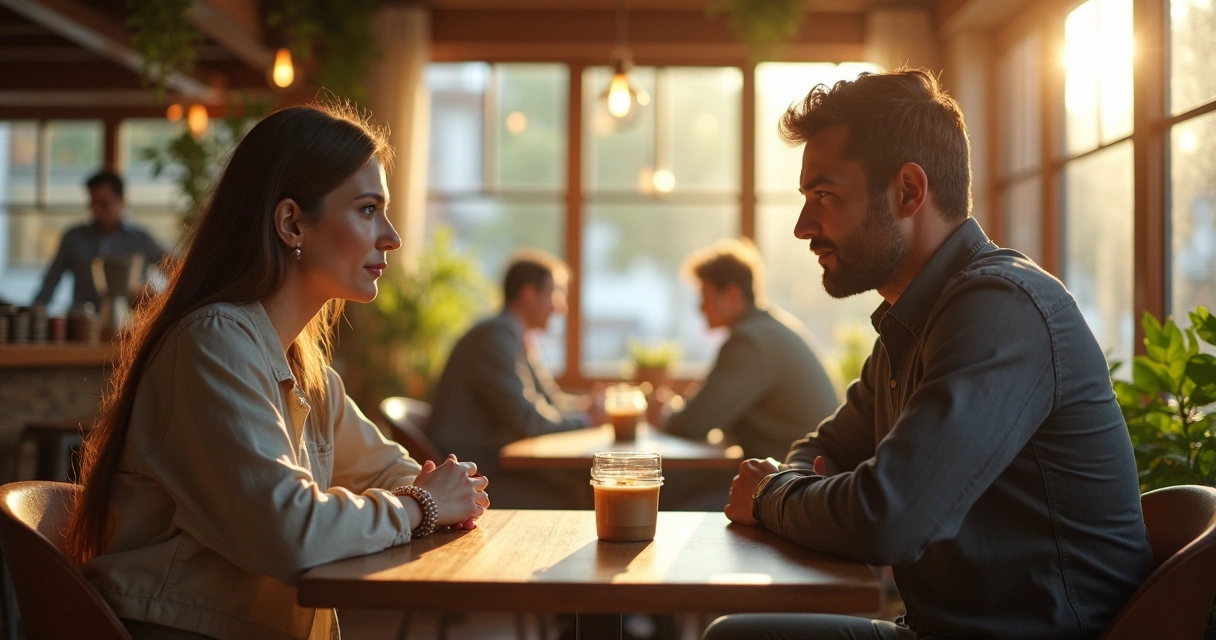 Man and woman having a respectful conversation over coffee in a bright, cozy cafe. 