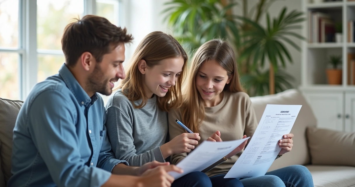 Adult siblings reviewing care plans together with calm focus 
