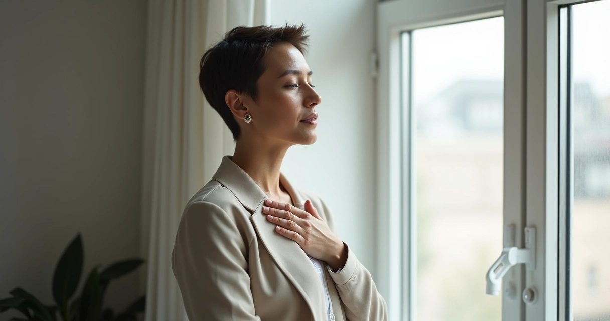 Adult pausing with hand on chest, eyes closed, calming themselves 