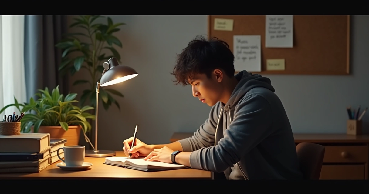 Adult sitting at a desk, writing in a journal, with thoughtful expression 