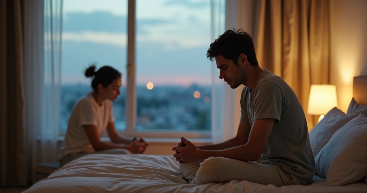 Adult sitting on a bed with partner blurred in the background showing emotional distance 