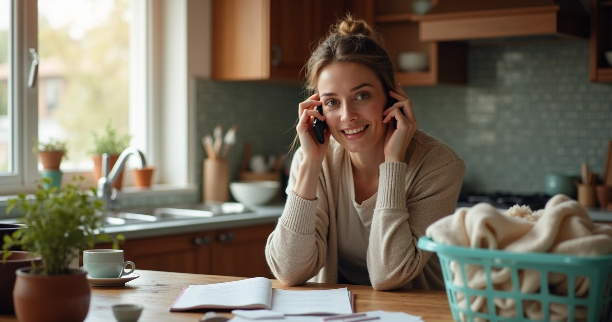 Mulher adulta realizando várias tarefas ao mesmo tempo em casa 