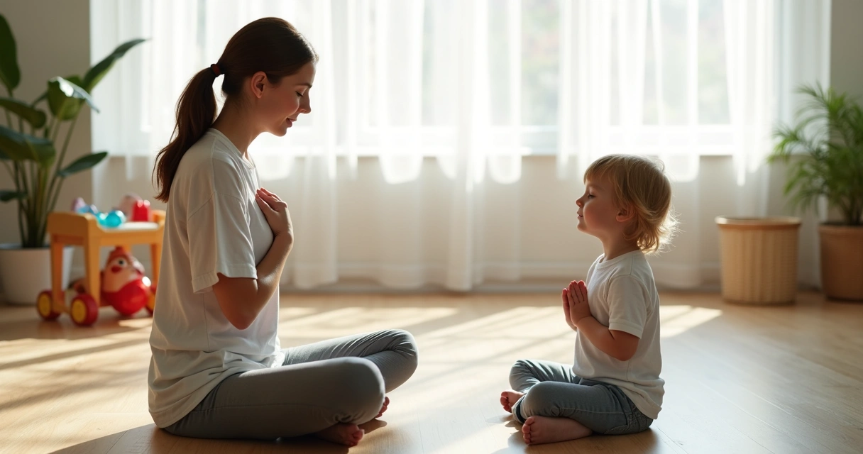 Adulto ensina criança pequena a respirar fundo com as mãos no peito