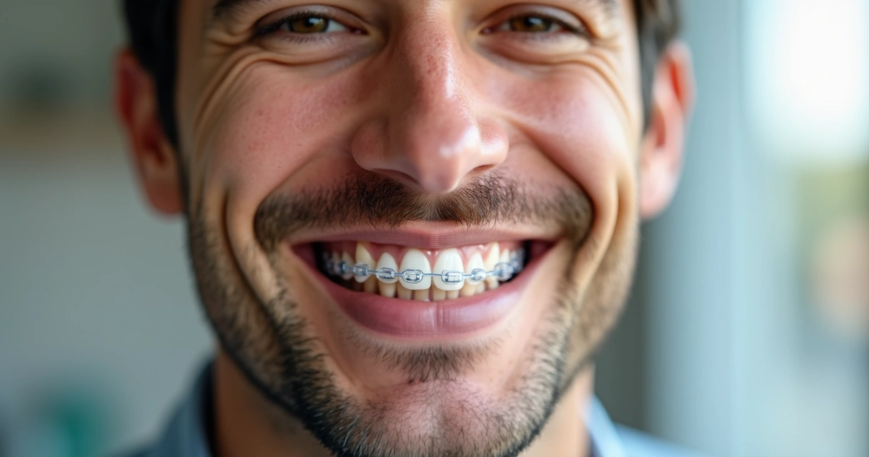 Homem adulto sorrindo com alinhador transparente nos dentes