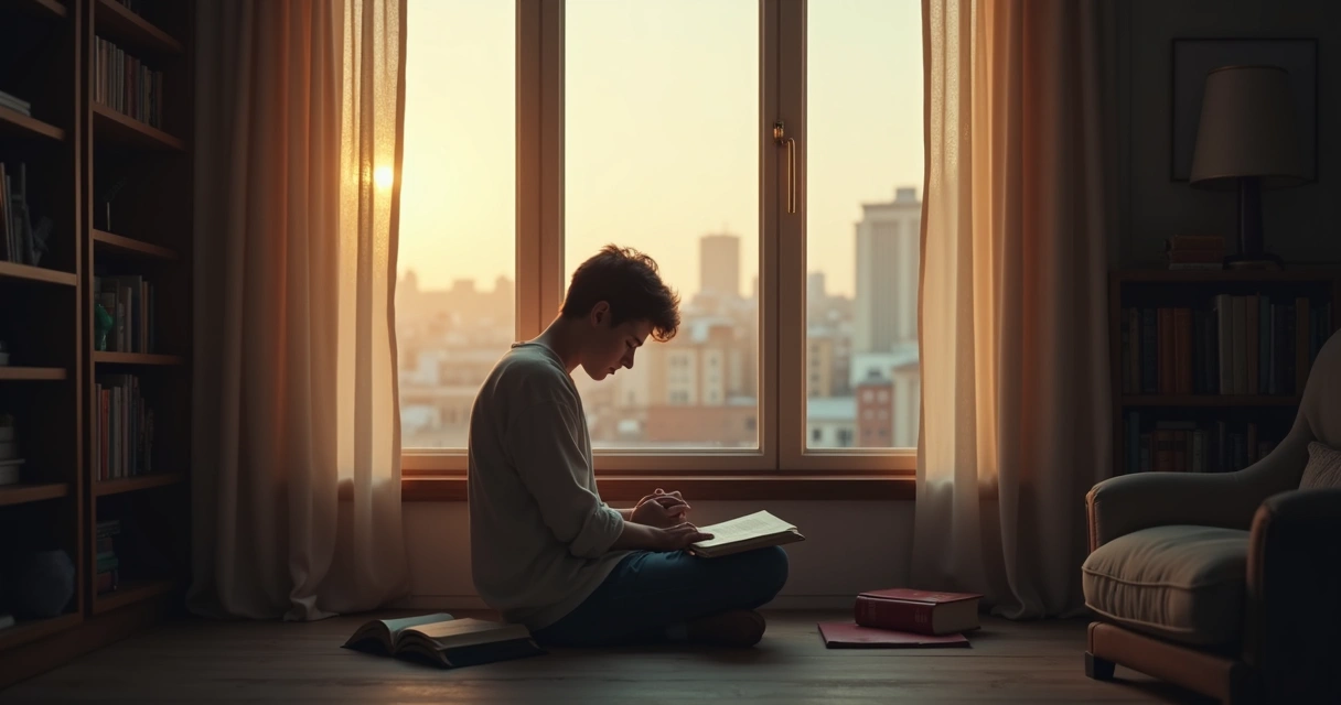 Adulto sentado reflexionando frente a una ventana con luz cálida