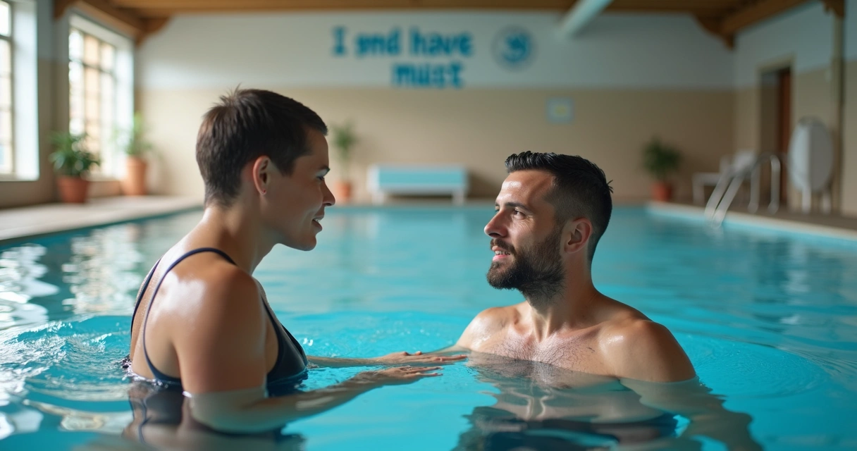 Professor ensinando adulto iniciante em piscina coberta 