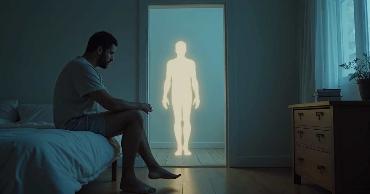 Adulto sentado al borde de una cama mirando una silueta luminosa al fondo de la habitación 