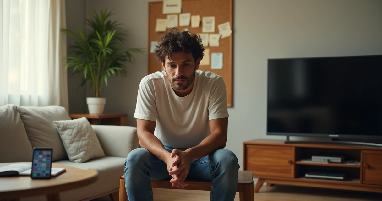 Adulto sentado refletindo sobre suas emoções em um ambiente urbano brasileiro 