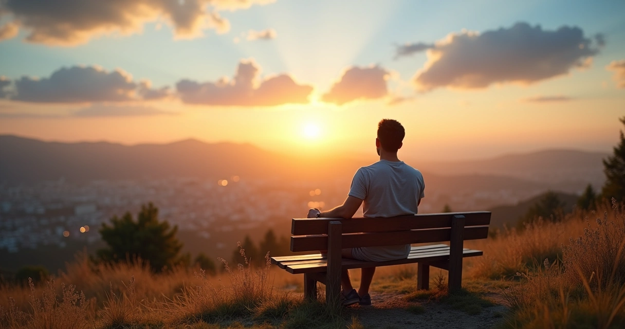 Persona adulta sentada en un banco contemplando un paisaje amplio y luminoso 