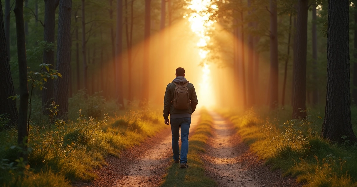 Adulto caminando solo por un sendero en el bosque mirando hacia una luz al fondo 