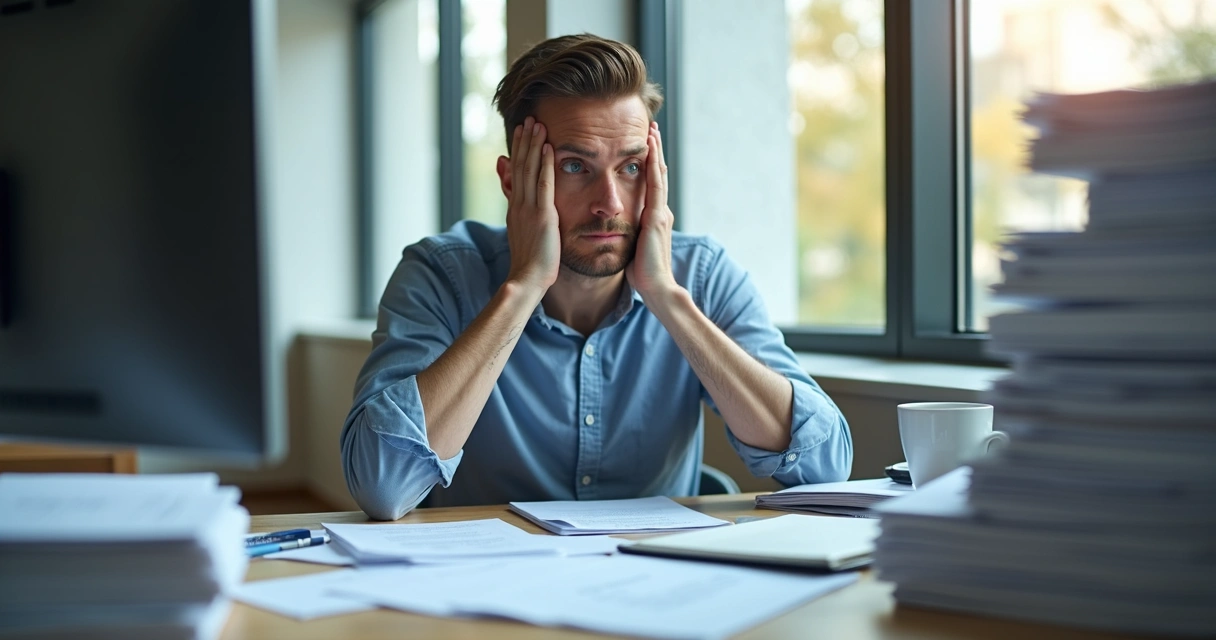 Adulto distraído em escritório, papéis acumulados na mesa 