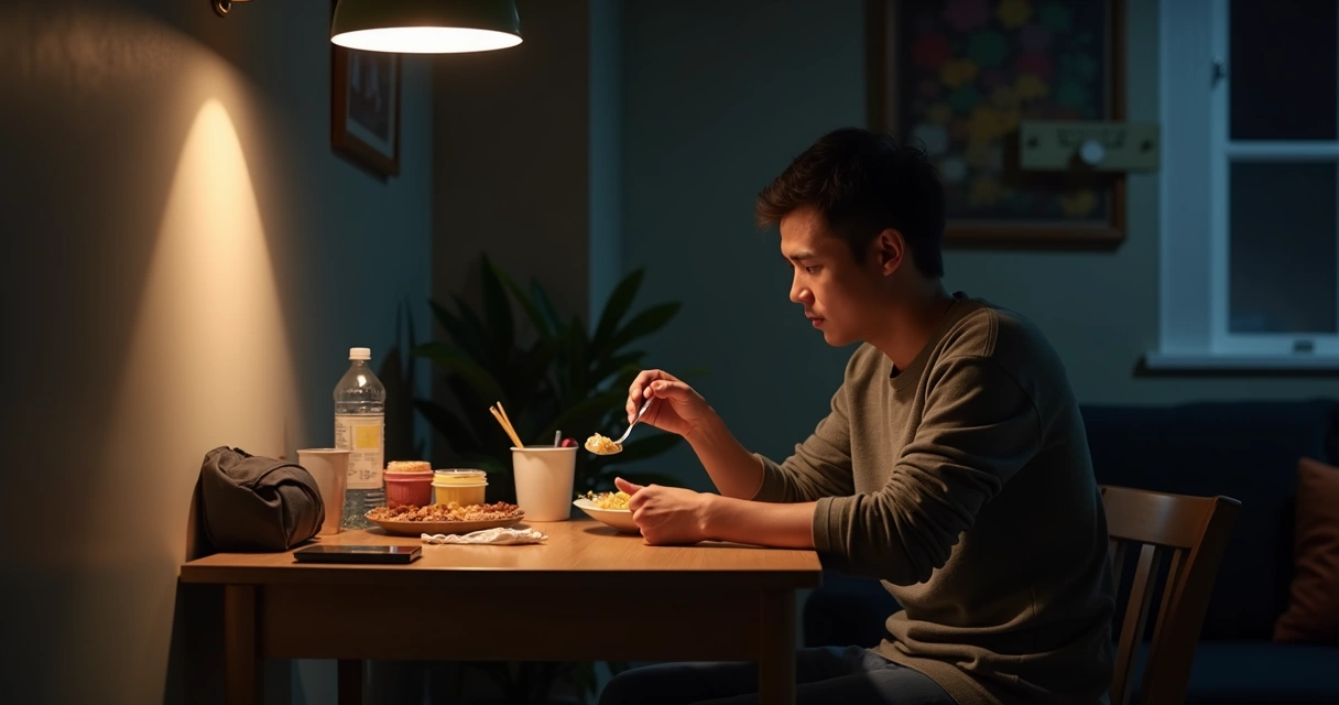 Adulto sentado à mesa comendo sozinho à noite 