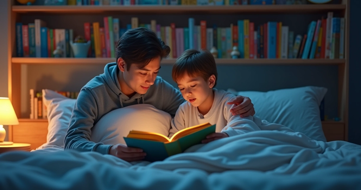 Adulto contando história para criança na cama ao anoitecer