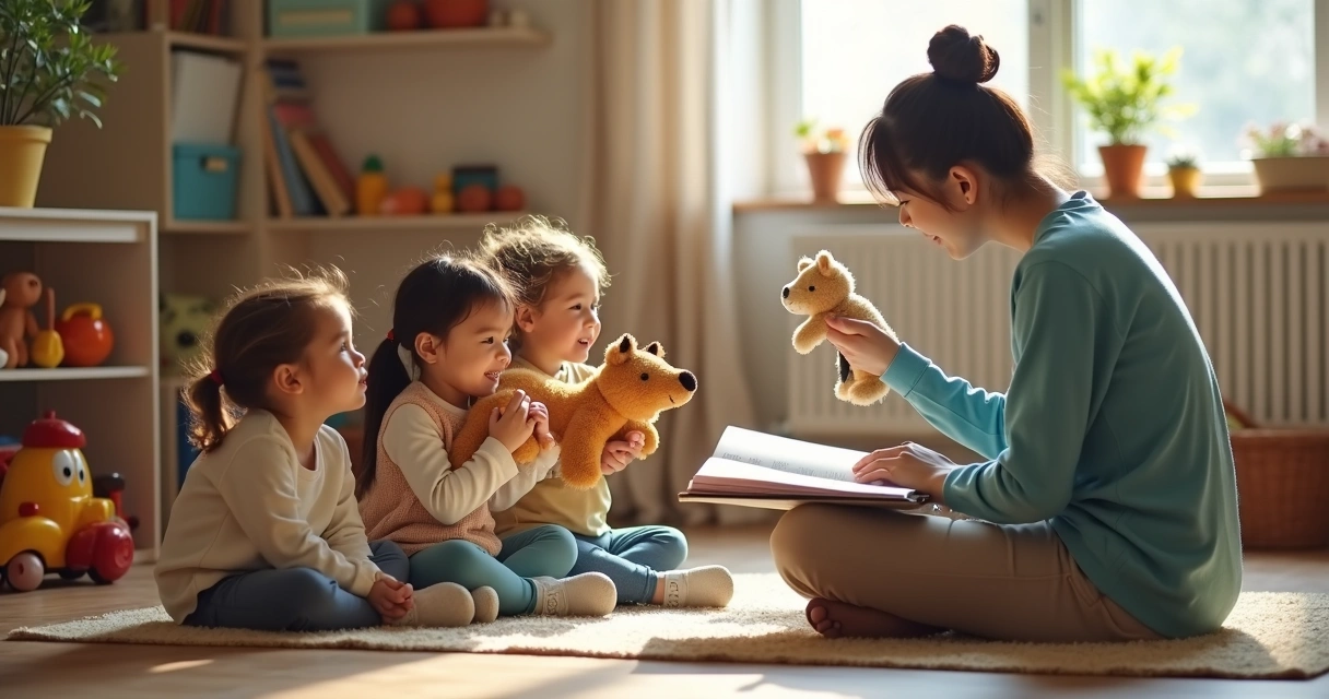 Adulto usando pelúcias para contar história 