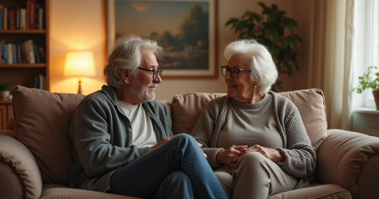 Duas pessoas de diferentes idades conversando em ambiente tranquilo 