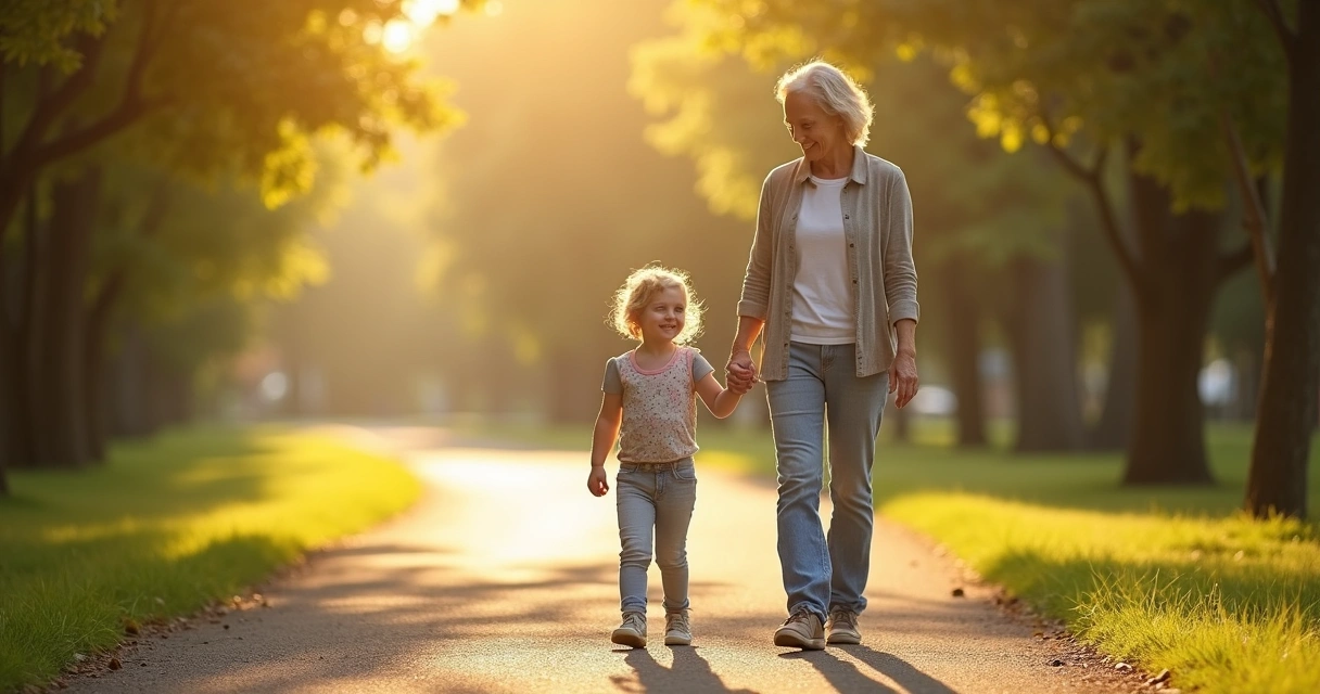 Adulto e criança caminhando de mãos dadas em parque tranquilo. 