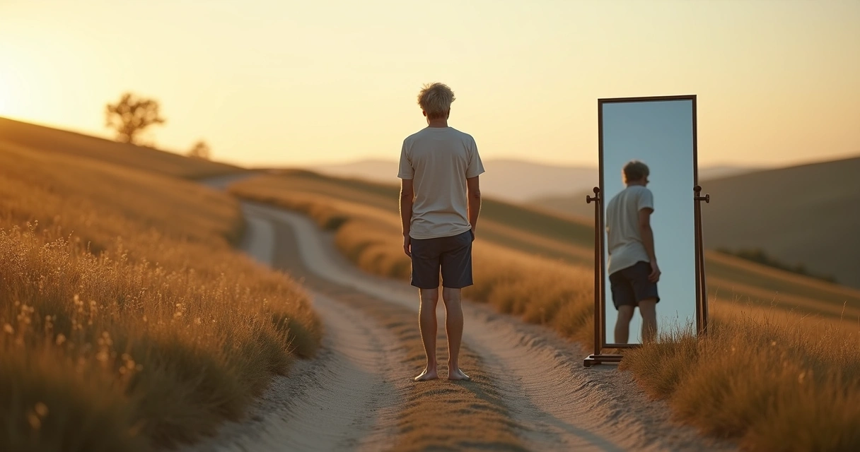 Adulto em encruzilhada observando reflexo alinhado em espelho 