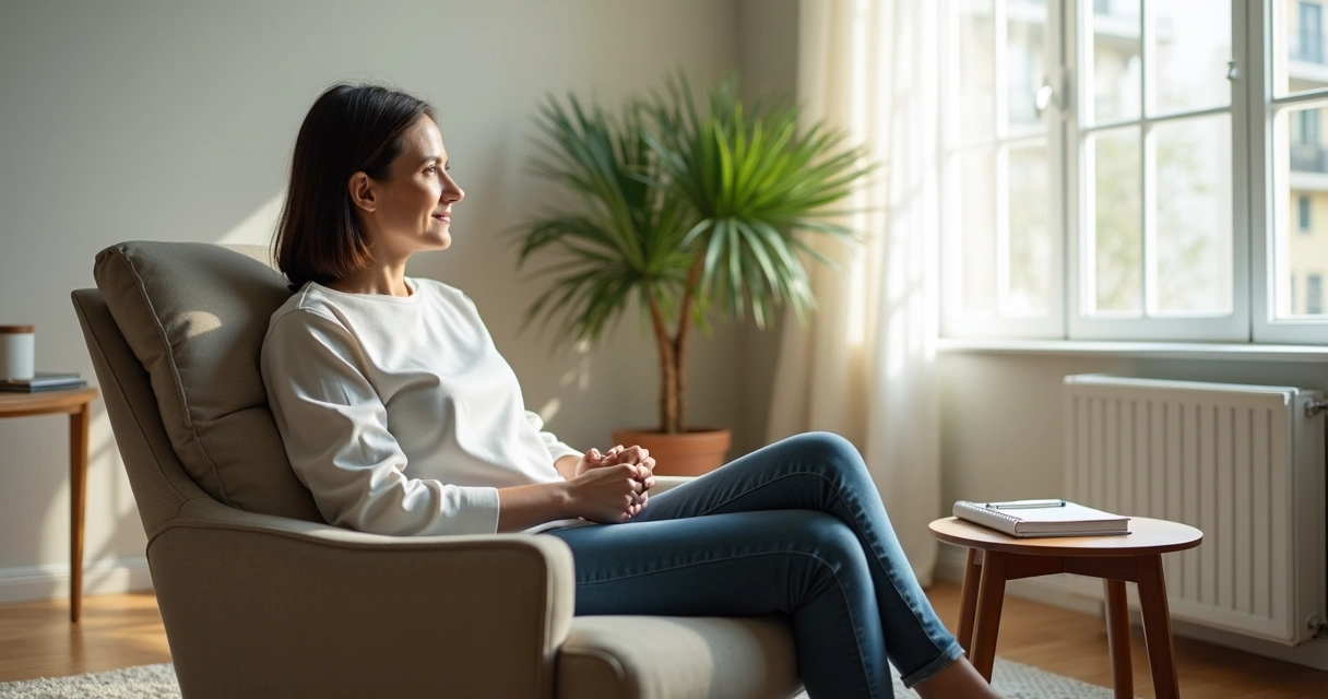 Adulto sentado em cadeira olhando pela janela com expressão tranquila 