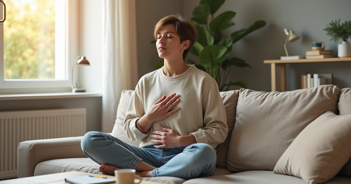 Adulto sentado em casa praticando autorregulação emocional em um ambiente calmo 