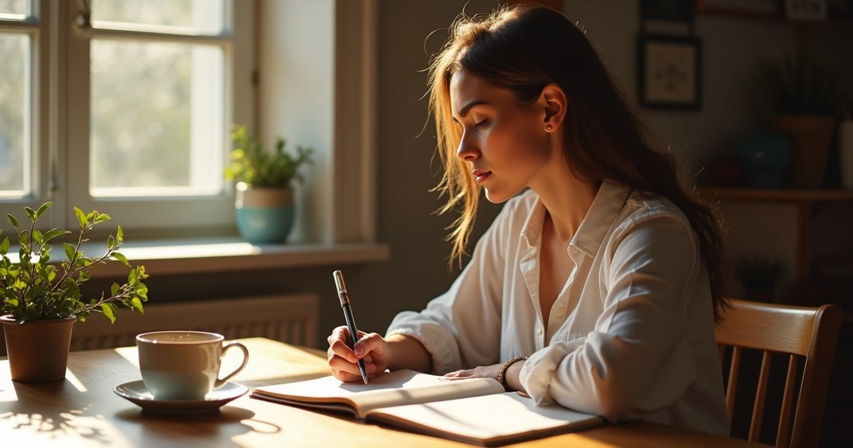 Mujer adulta escribiendo en su diario en una mesa con taza de té