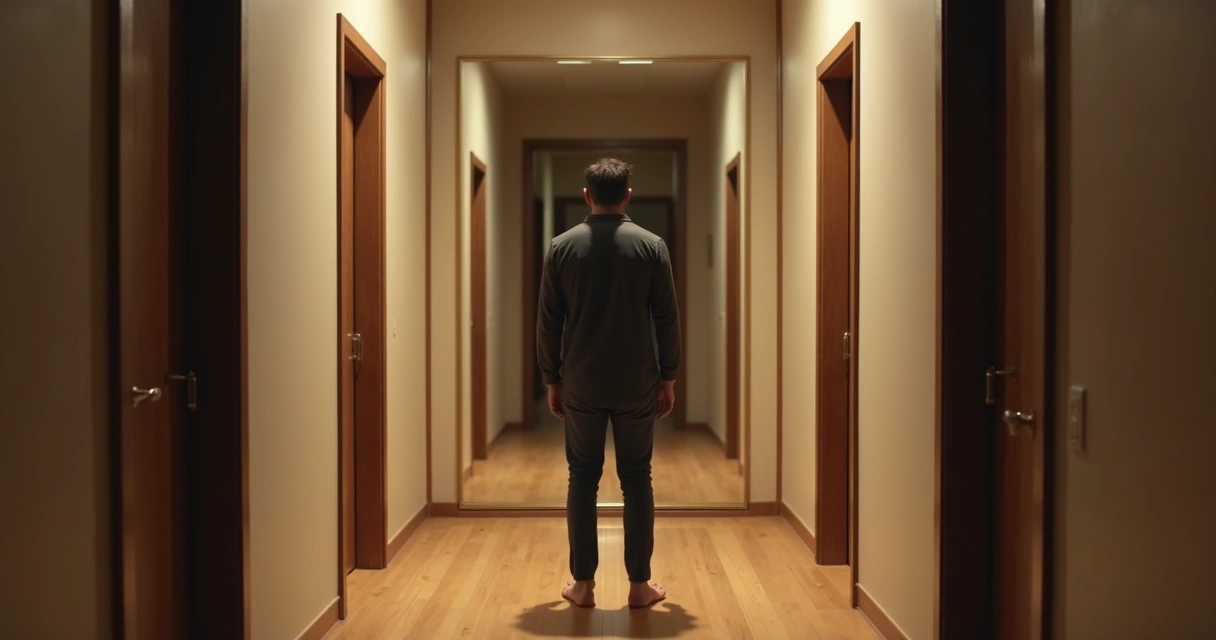 Adulto olhando reflexo de si mesmo criança em um corredor repetitivo 