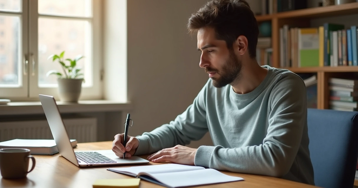 Pessoa adulta estudando com caderno e laptop em casa 