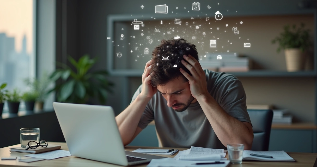 Adulto cansado em frente ao computador em escritório com mente sobrecarregada 