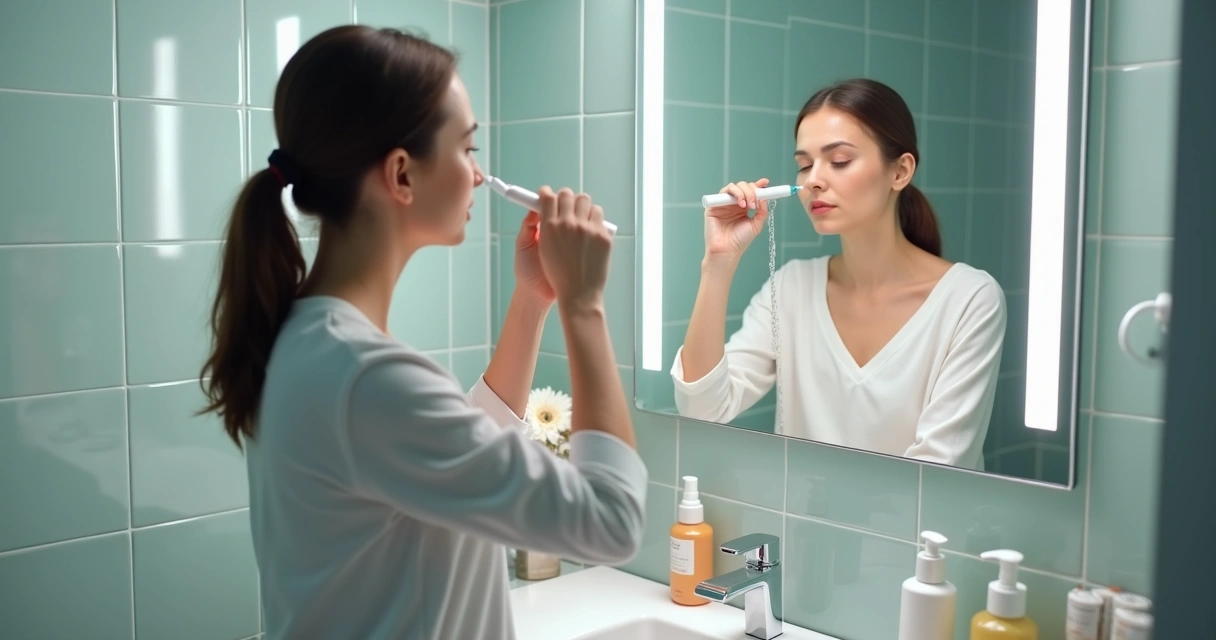 Pessoa adulta realizando lavagem nasal com seringa em frente ao espelho do banheiro