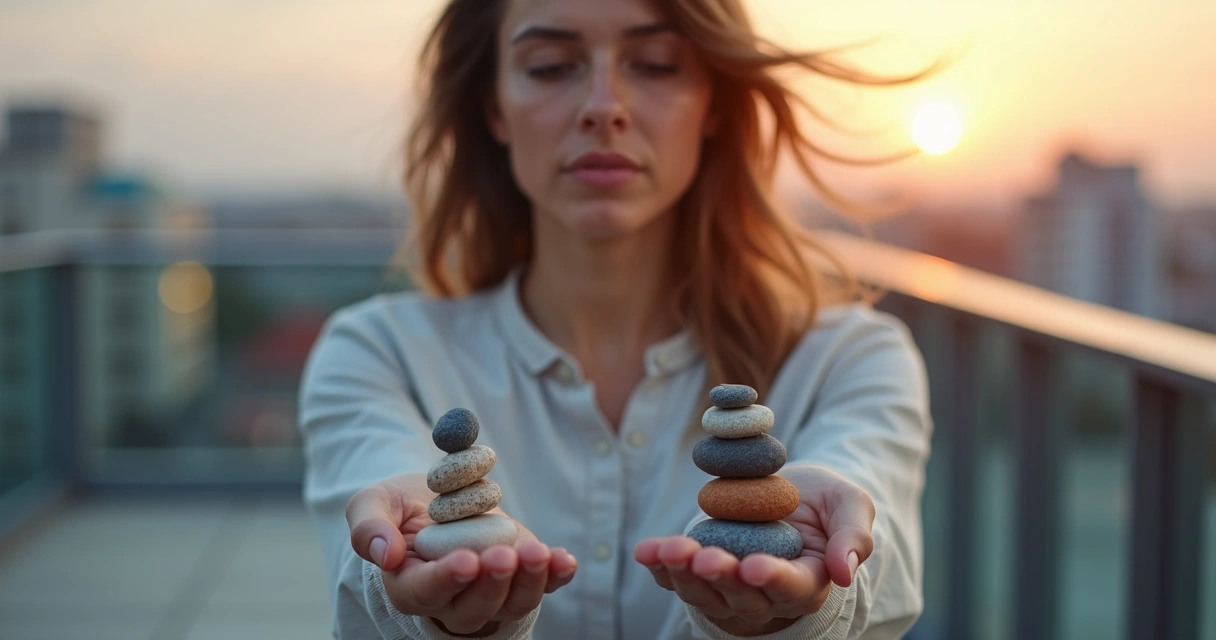 Adulto de pé em terraço urbano ao pôr do sol equilibrando pedras coloridas nas mãos 