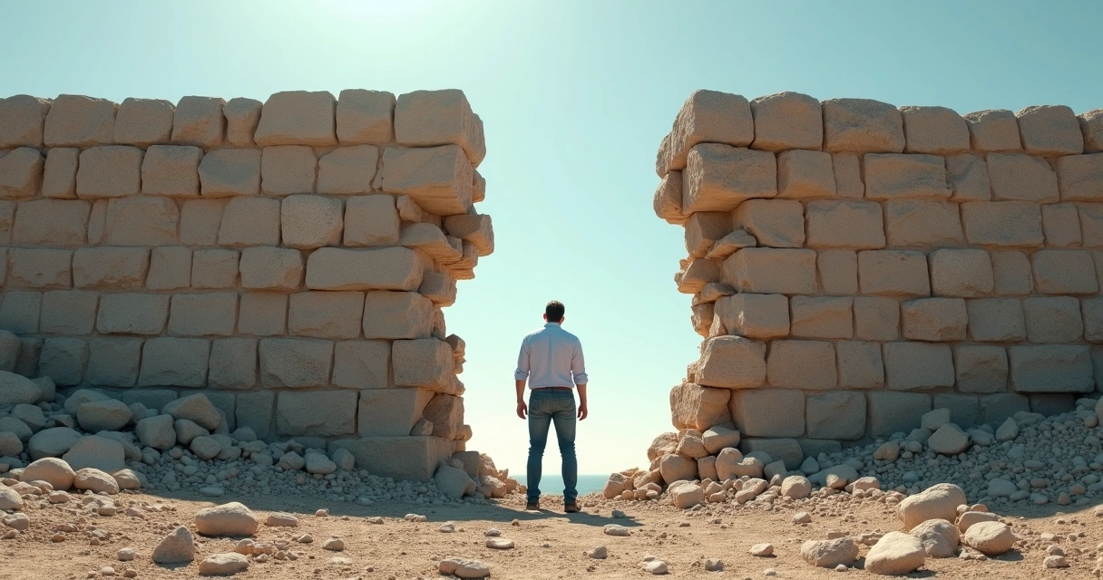 Homem adulto diante de muralha quebrando uma barreira 