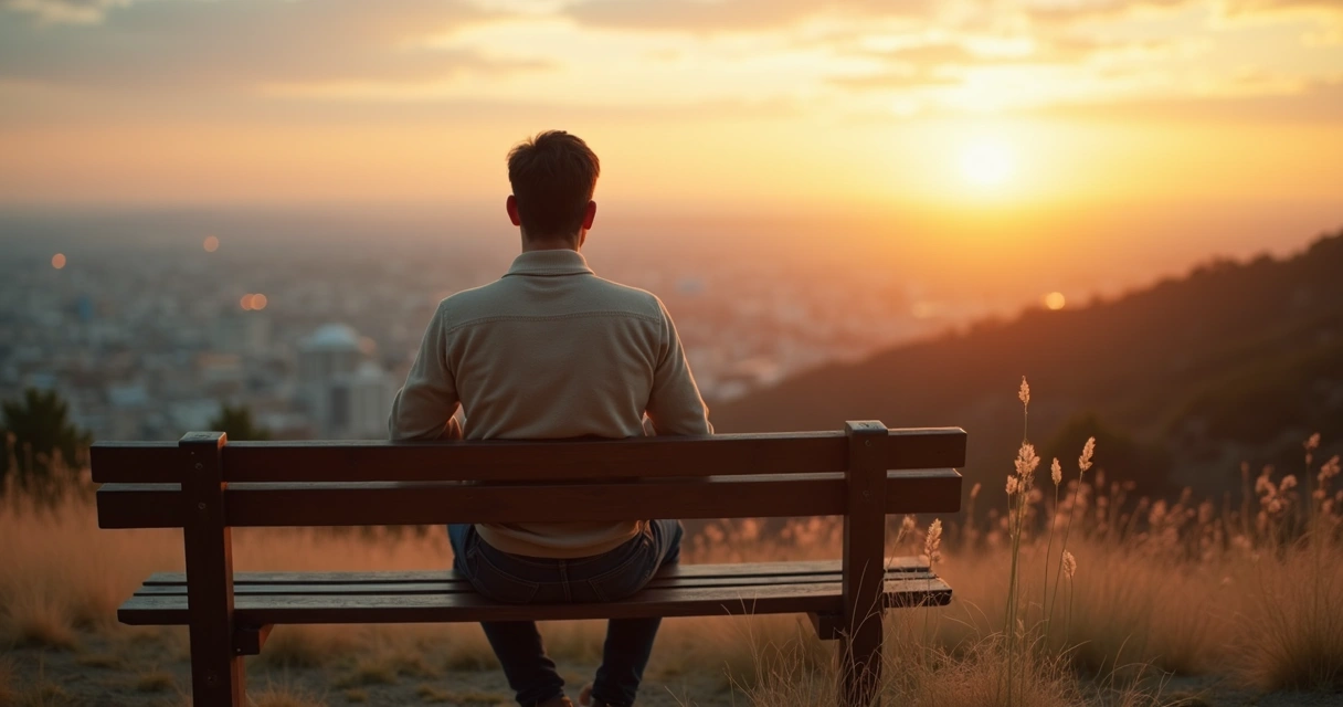 Adulto sentado mirando el horizonte al atardecer en actitud reflexiva 