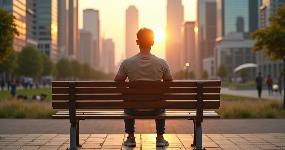 Adulto sentado em banco urbano refletindo com expressão serena ao pôr do sol 