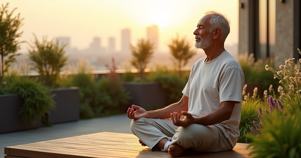 Adulto mayor meditando en un mirador rodeado de naturaleza 